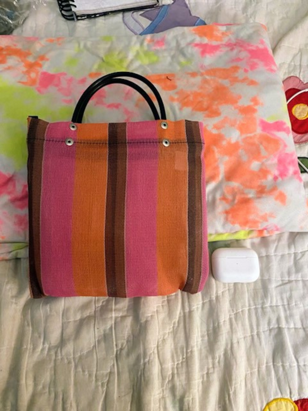 Striped Pink and Orange Canvas Tote Bag -